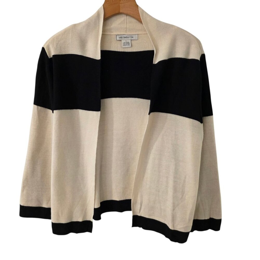 Liz Claiborne Sweater Womens L Cardigan Preppy Old Money Cream Black NWT
